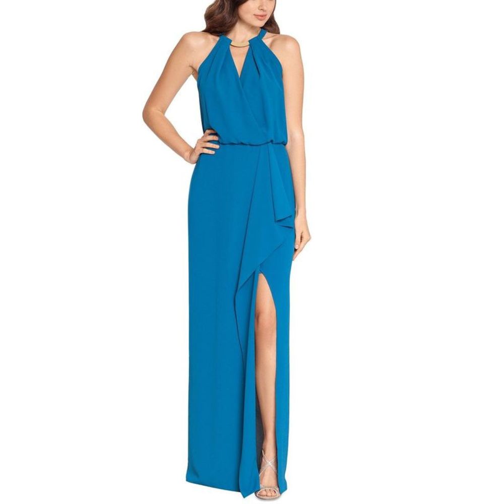 Xscape Womens Blue Halter Maxi Formal Evening Dress Gown Imperfections